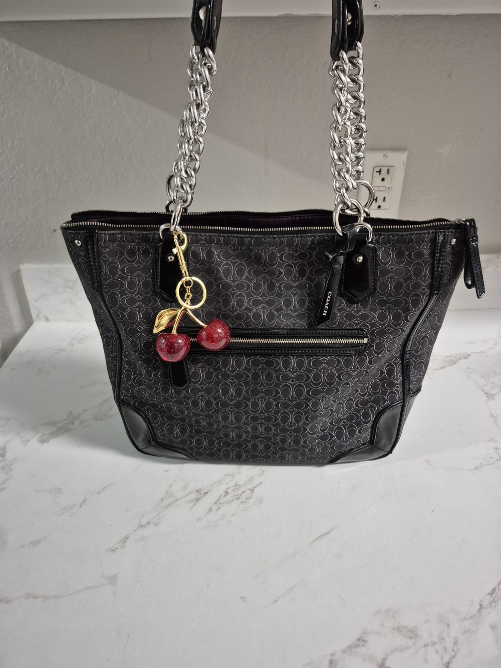 Coach Black Signature Tote with Cherry Charm